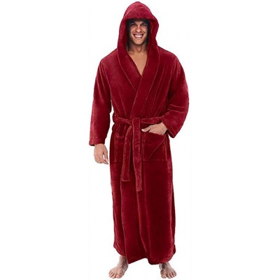 Robes Men's Bathrobe Comfortable Plush Soft Warm Fleece Robe with Satin Luxurious Super Kimono Spa Loungewear - Red - CD193OI...