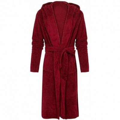 Robes Men's Bathrobe Comfortable Plush Soft Warm Fleece Robe with Satin Luxurious Super Kimono Spa Loungewear - Red - CD193OI...