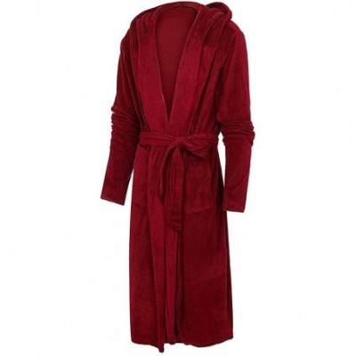 Robes Men's Bathrobe Comfortable Plush Soft Warm Fleece Robe with Satin Luxurious Super Kimono Spa Loungewear - Red - CD193OI...