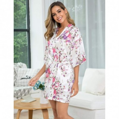 Robes Women's Floral Satin Robe Short Silk Bridesmaid Bathrobe Dressing Gown Wedding Kimono Sleepwear - White - CC18TLG2XKE