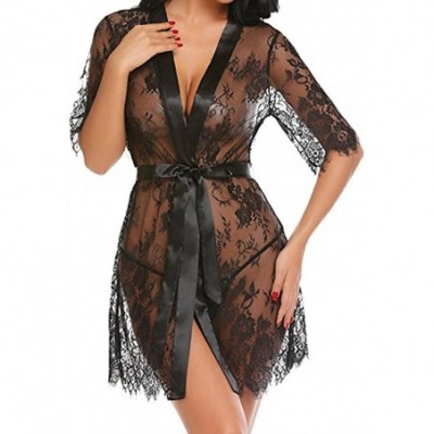 Baby Dolls & Chemises Women's Lingerie Kimono Robe Eyelash Babydoll Sheer Nightwear - Black - C718DW940R7