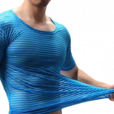 Undershirts Mens's Mesh Breathable Undershirt Sleeve Tank Top T-Shirt Active Shirt - Short Sleeve Blue - CT1935W6W53