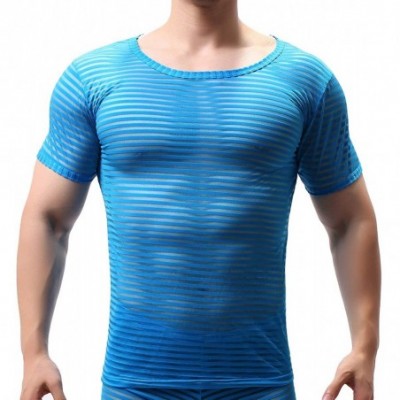 Undershirts Mens's Mesh Breathable Undershirt Sleeve Tank Top T-Shirt Active Shirt - Short Sleeve Blue - CT1935W6W53