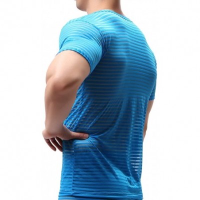 Undershirts Mens's Mesh Breathable Undershirt Sleeve Tank Top T-Shirt Active Shirt - Short Sleeve Blue - CT1935W6W53