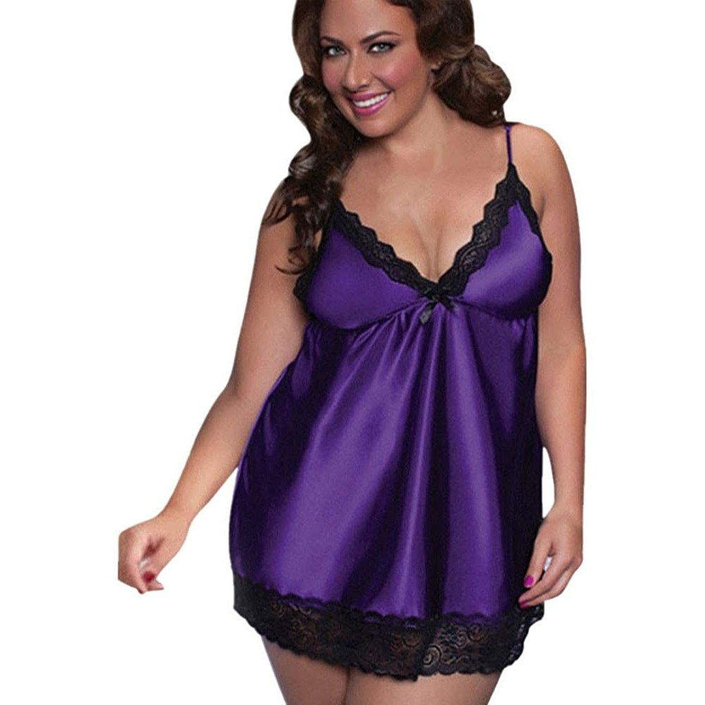 Garters & Garter Belts Women's Lingerie Plus Size Sexy Lace Sleepwear Temptation Babydoll Chemise Nightdress - Purple - CI193...