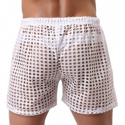 Boxers Men's Mesh Drawstring Shorts Sexy Lounge Hollow Boxer Underwear - White - C312MA16W73