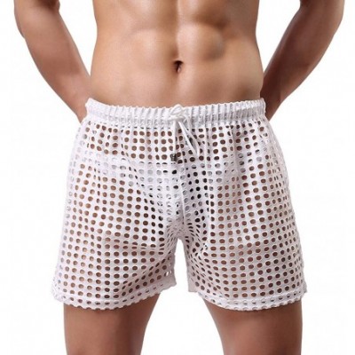 Boxers Men's Mesh Drawstring Shorts Sexy Lounge Hollow Boxer Underwear - White - C312MA16W73