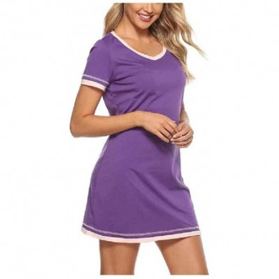 Tops Women Everyday Short Sleeves Crew-Neck Cozy Contrast Color Sleepwear - Purple - C81900KS2YK