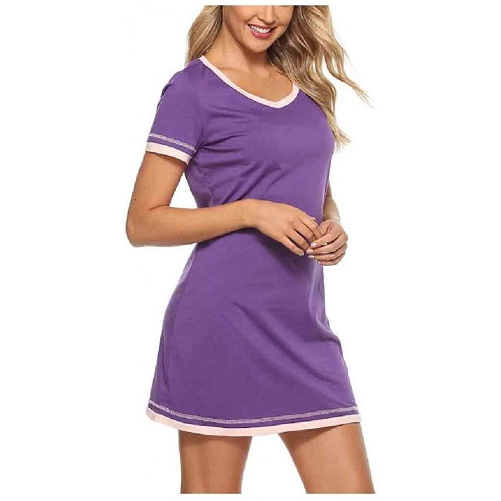 Tops Women Everyday Short Sleeves Crew-Neck Cozy Contrast Color Sleepwear - Purple - C81900KS2YK