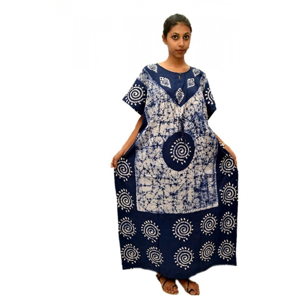 Nightgowns & Sleepshirts Womens Cotton Caftan Nighty Blue White Batik Kaftan Maxi Dress - CG1217DFOOR