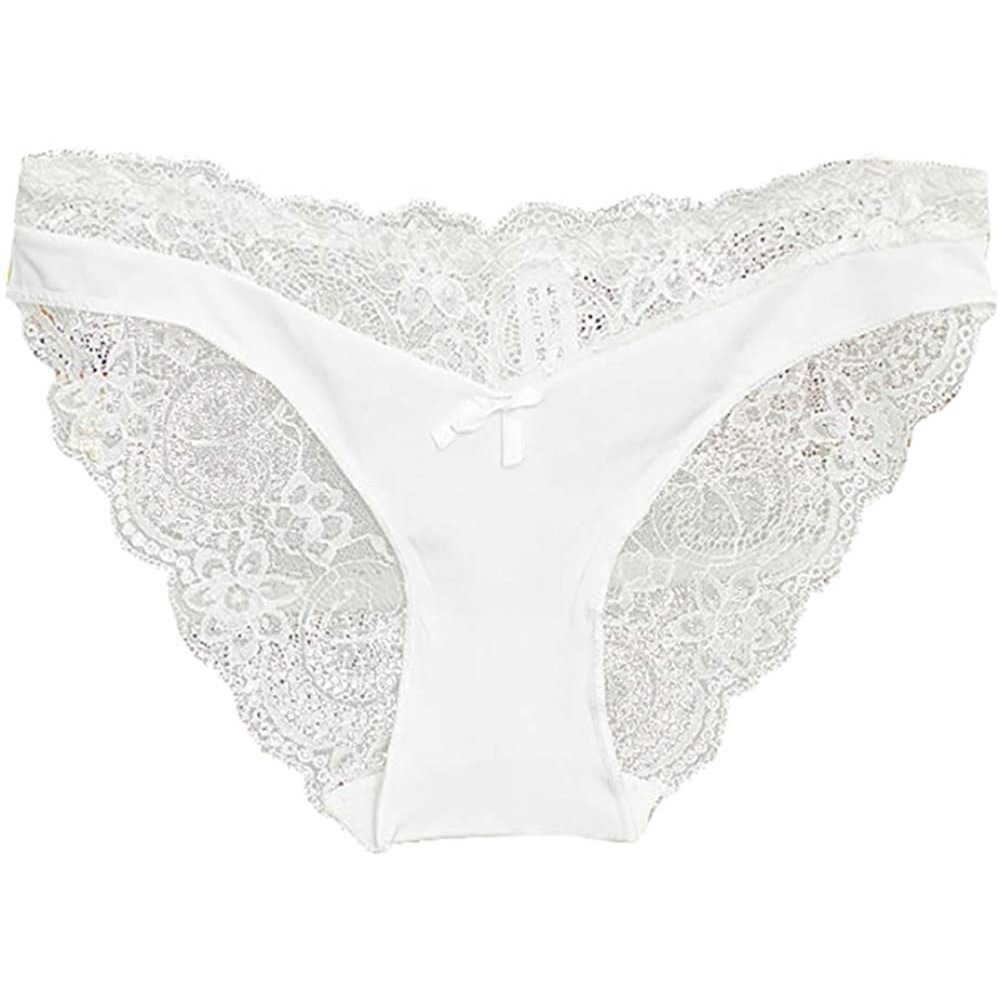 Panties Women's Briefs Scalloped Lace Hipster Thong Panties Bow Sexy Underwear - White 208 - C218NZAE0WS