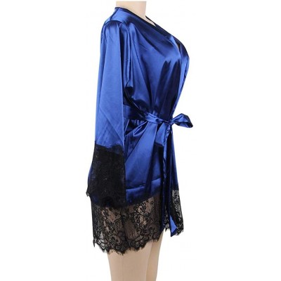 Baby Dolls & Chemises Plus Size Women's Sheer Lace Kimono Little Robe Lingerie with Flowers - Blue-4 - C6190U86CZ9