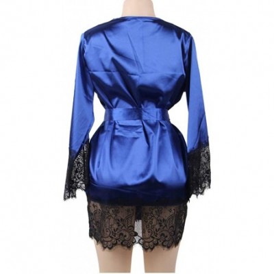 Baby Dolls & Chemises Plus Size Women's Sheer Lace Kimono Little Robe Lingerie with Flowers - Blue-4 - C6190U86CZ9