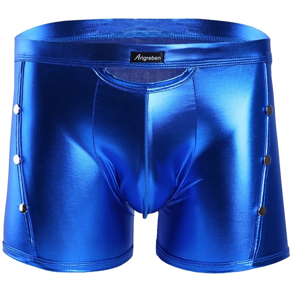 Bikinis Men's Shiny Metallic Patent Leather Side Rivets Boxer Briefs Bikini Underwear Swimsuits - Blue - CQ19C24CUX7