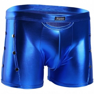 Bikinis Men's Shiny Metallic Patent Leather Side Rivets Boxer Briefs Bikini Underwear Swimsuits - Blue - CQ19C24CUX7