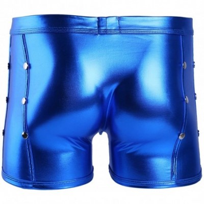 Bikinis Men's Shiny Metallic Patent Leather Side Rivets Boxer Briefs Bikini Underwear Swimsuits - Blue - CQ19C24CUX7