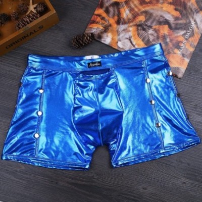 Bikinis Men's Shiny Metallic Patent Leather Side Rivets Boxer Briefs Bikini Underwear Swimsuits - Blue - CQ19C24CUX7