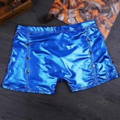 Bikinis Men's Shiny Metallic Patent Leather Side Rivets Boxer Briefs Bikini Underwear Swimsuits - Blue - CQ19C24CUX7