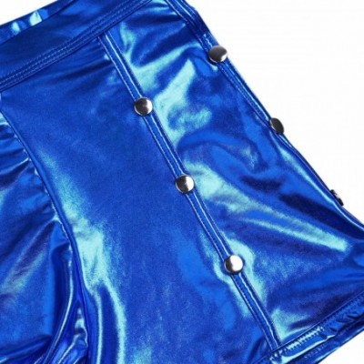 Bikinis Men's Shiny Metallic Patent Leather Side Rivets Boxer Briefs Bikini Underwear Swimsuits - Blue - CQ19C24CUX7