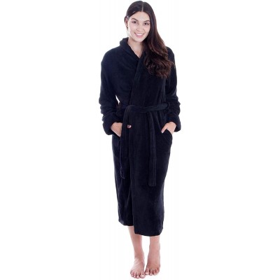 Robes Men/Women Luxurious Plush Kimono Bathrobe with Side Pockets - Black - CN110ZE0Q61