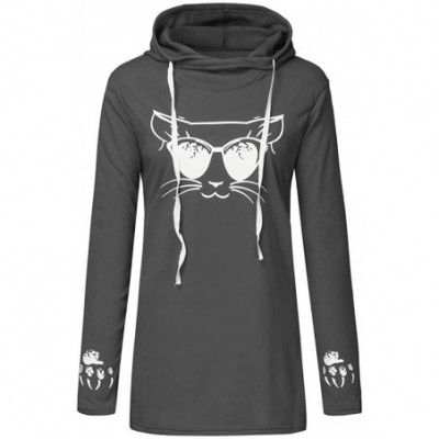 Thermal Underwear Women Cat Print Hoodie Plus Size Long Sleeve Hooded Sweatshirt Long Top - A-gray - C3192ZO9LR5