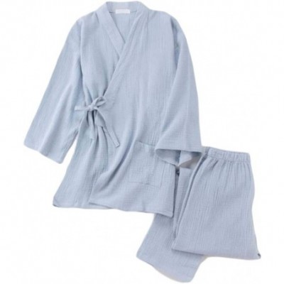 Robes Cotton Gauze Pajama Set Home Bathrobe Japanese Style Kimono Yukata for Men- Blue - C918WHKOQMT