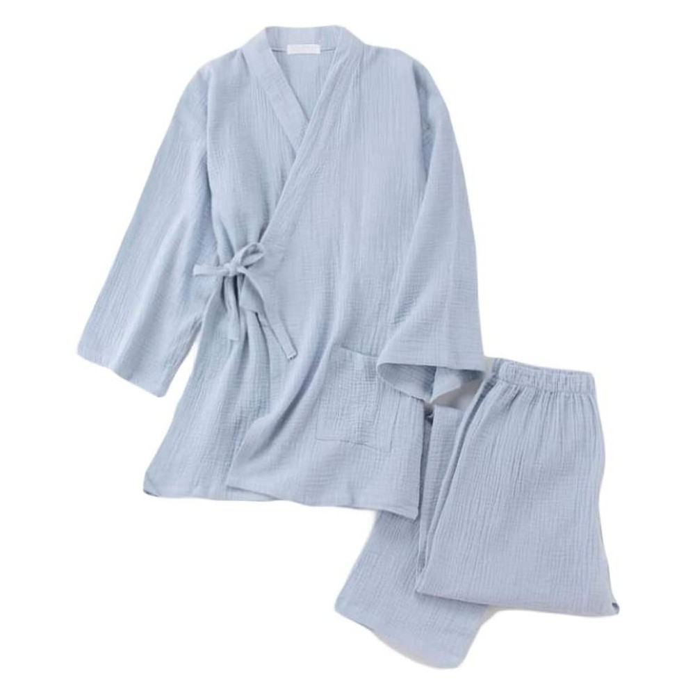 Robes Cotton Gauze Pajama Set Home Bathrobe Japanese Style Kimono Yukata for Men- Blue - C918WHKOQMT