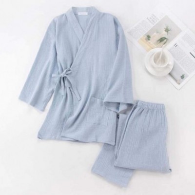 Robes Cotton Gauze Pajama Set Home Bathrobe Japanese Style Kimono Yukata for Men- Blue - C918WHKOQMT