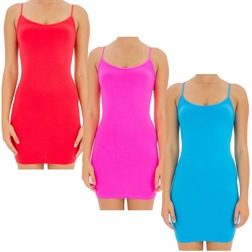 Camisoles & Tanks Women's Seamless Extra Long Camisole with Spaghetti Strap - Red/Neon Pink/Turquoise - CN182SQ09GS