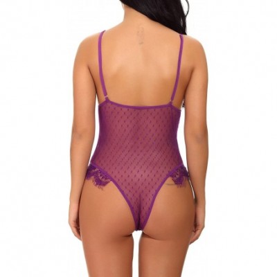 Baby Dolls & Chemises Lingerie for Women Teddy One Piece Lace Babydoll Bodysuit - Purple - C7188AL3AXA