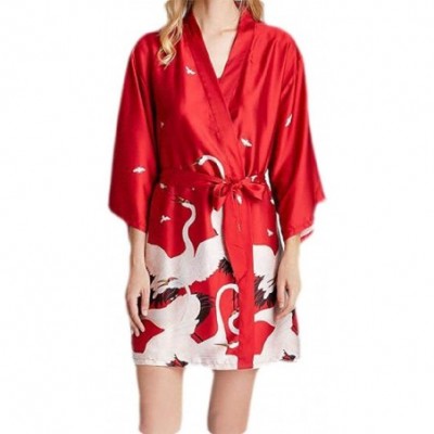 Robes Women's Sleep Pajama Kimono Satin Belt Homewear Floral Bell Sleeve Plus Size Printed Thin Sleep Bathrobe - Red - CF19D5...