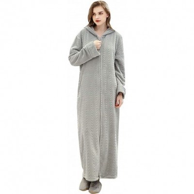 Robes Winter Coral Plush Thickened Long Flannel Nightgown Bathrobe Zipper Hooded Nightgown - Gray-women - C4192YO33SI