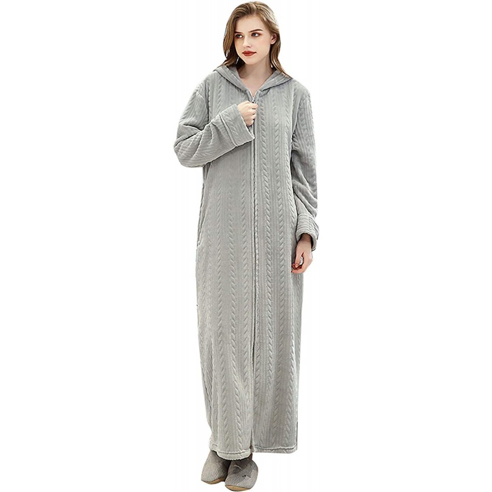 Robes Winter Coral Plush Thickened Long Flannel Nightgown Bathrobe Zipper Hooded Nightgown - Gray-women - C4192YO33SI