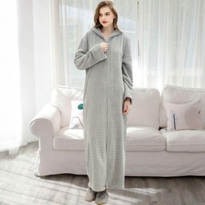 Robes Winter Coral Plush Thickened Long Flannel Nightgown Bathrobe Zipper Hooded Nightgown - Gray-women - C4192YO33SI