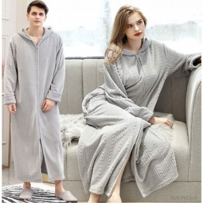 Robes Winter Coral Plush Thickened Long Flannel Nightgown Bathrobe Zipper Hooded Nightgown - Gray-women - C4192YO33SI