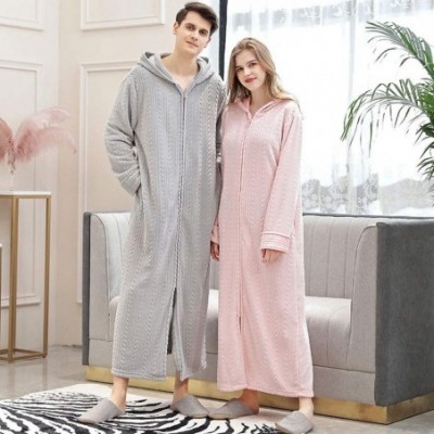 Robes Winter Coral Plush Thickened Long Flannel Nightgown Bathrobe Zipper Hooded Nightgown - Gray-women - C4192YO33SI