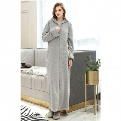 Robes Winter Coral Plush Thickened Long Flannel Nightgown Bathrobe Zipper Hooded Nightgown - Gray-women - C4192YO33SI