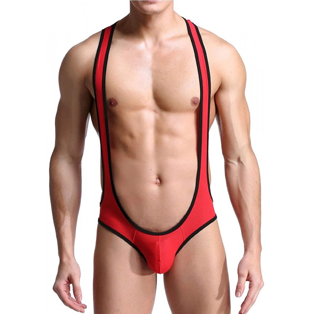 Shapewear Men's Bodysuit Jockstrap Leotard Jumpsuits Wrestling Singlet Backless Undershirts - Red - CO18YOGIA7Y