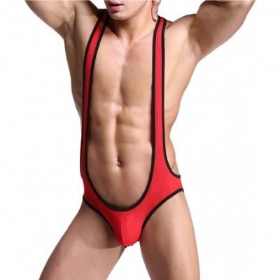 Shapewear Men's Bodysuit Jockstrap Leotard Jumpsuits Wrestling Singlet Backless Undershirts - Red - CO18YOGIA7Y