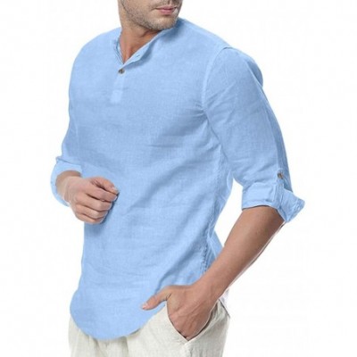 Sleep Tops Show Mens Collarless Linen Beach Shirts 3/4 Sleeve Henley Quarter Button Yoga Shirt - Light Blue - CC194Z48224