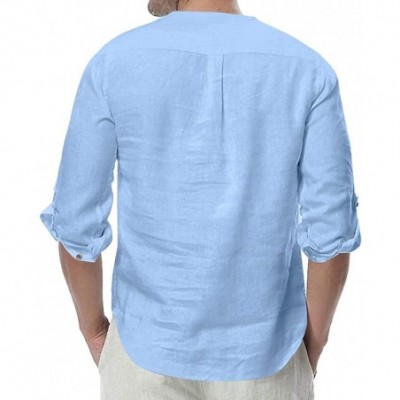 Sleep Tops Show Mens Collarless Linen Beach Shirts 3/4 Sleeve Henley Quarter Button Yoga Shirt - Light Blue - CC194Z48224