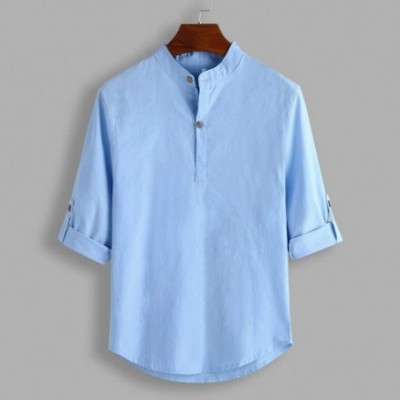 Sleep Tops Show Mens Collarless Linen Beach Shirts 3/4 Sleeve Henley Quarter Button Yoga Shirt - Light Blue - CC194Z48224