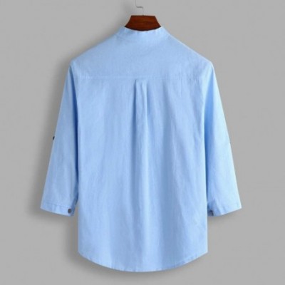 Sleep Tops Show Mens Collarless Linen Beach Shirts 3/4 Sleeve Henley Quarter Button Yoga Shirt - Light Blue - CC194Z48224