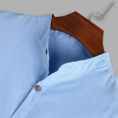 Sleep Tops Show Mens Collarless Linen Beach Shirts 3/4 Sleeve Henley Quarter Button Yoga Shirt - Light Blue - CC194Z48224