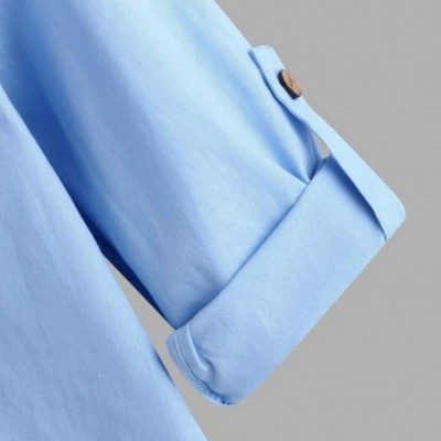 Sleep Tops Show Mens Collarless Linen Beach Shirts 3/4 Sleeve Henley Quarter Button Yoga Shirt - Light Blue - CC194Z48224