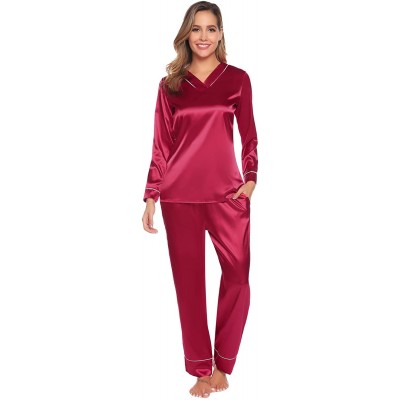 Sets Women's Silk Satin Pajamas Set V Neck Long Sleeve Sleepwear Loungewear with Pockets - Red - CP1923AKWY9