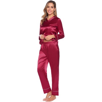 Sets Women's Silk Satin Pajamas Set V Neck Long Sleeve Sleepwear Loungewear with Pockets - Red - CP1923AKWY9