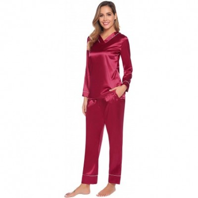 Sets Women's Silk Satin Pajamas Set V Neck Long Sleeve Sleepwear Loungewear with Pockets - Red - CP1923AKWY9