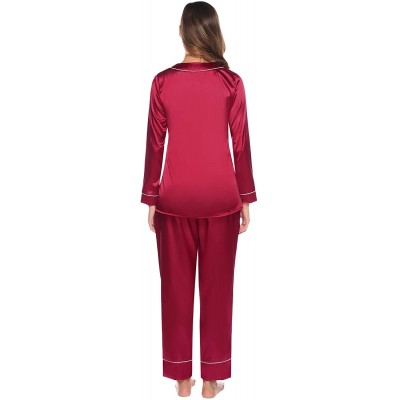 Sets Women's Silk Satin Pajamas Set V Neck Long Sleeve Sleepwear Loungewear with Pockets - Red - CP1923AKWY9