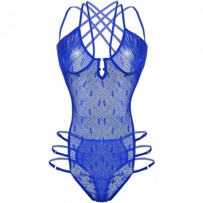 Baby Dolls & Chemises Women Lace Strappy Teddy Bodysuits Sexy One Piece Babydoll Lingerie - Blue - CX199S8SDOQ